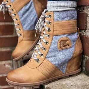 Sorel Women’s Boots Lexie Wedge Camel Brown Gray Size 6.5